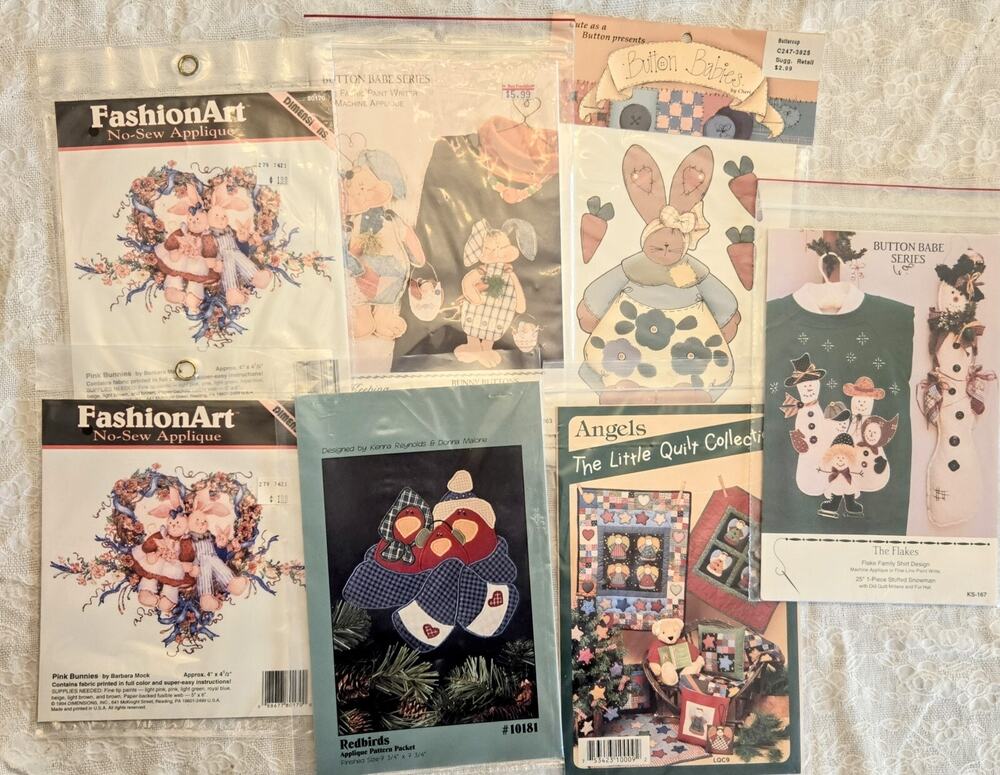 Vintage Applique Patterns Lot Of 7 No Sew Iron On And Machine Applique NOS 1990s